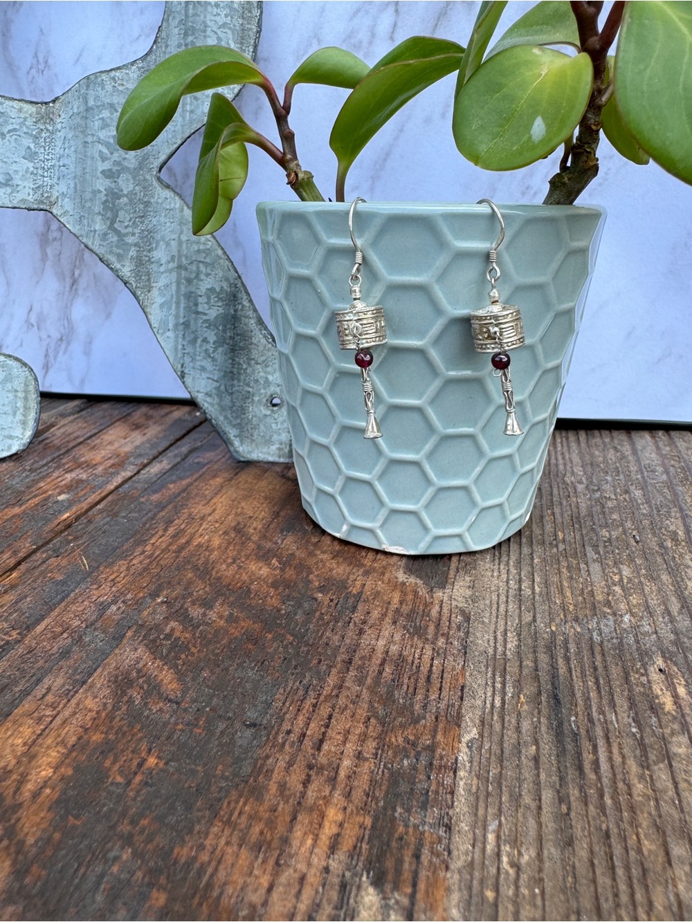 Silver Tibetan Prayer Wheel Beaded Dangle Earrings